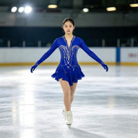 Robe de patinage artistique bleu roi à manches longues, col en V, dos ouvert, avec strass et jupe de performance