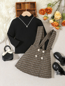 2024 Otoño Invierno ropa para niños <span class=keywords><strong>moda</strong></span> cuello redondo manga larga Color sólido pulóver cuadros tirantes falda niña conjuntos de ropa - Product Image 2