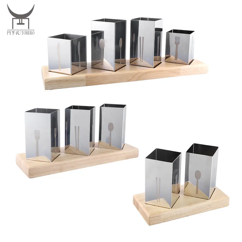 Grosir Pemegang Alat Dapur Sendok Garpu Pengering Peralatan Makan Stainless Steel Penyimpanan Organizer Pemegang dengan Dasar Kayu