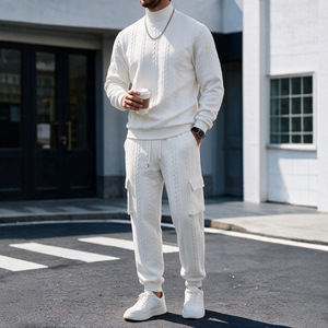 <b>Men</b> Cable Knit <b>Turtleneck</b> <b>Sweater</b> Set Solid Color Pullover Jogger Pants 400g Front Logo Autumn Winter Casual Wear - Product Image 2
