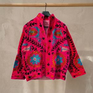 Manteau rose brodé à la main à motifs floraux, col mandarin, manches trois quarts, style bohème, grande taille, vêtements d'extérieur pour femmes, printemps, décontracté - Product Image 3