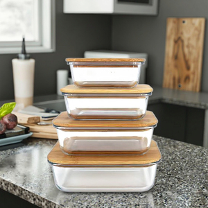 Scelta divertente scatola da pranzo in <span class=keywords><strong>vetro</strong></span> sigillata a prova di perdite frigorifero impilabile per pranzo Set di contenitori in plastica da campeggio con coperchi di bambù - Product Image 1
