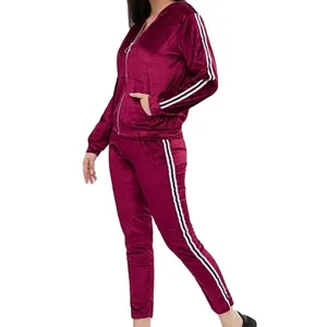 Sports Wine Red Stripe Side <strong>Jacket</strong> and Jogging Pants <strong>Velvet</strong> Trendy Tracksuits for <strong>Women</strong> - Product Image 1