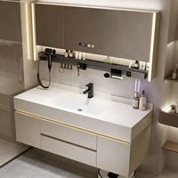 Meuble de salle de bain moderne en bois flottant avec miroir LED et bande lumineuse, étagère de rangement et affichage de l'heure pour appartement et hôtel