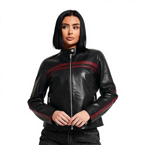 Veste de moto en cuir véritable pour femme, zippée, col montant, style streetwear décontracté, avec empiècements contrastés - Product Image 2