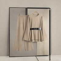 Ensemble deux pièces élégant pour femme, mode automne-hiver, haut en tricot ample respirant uni avec ceinture, pantalon à jambes larges taille haute