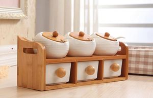 Professional Custom Bamboo 2 Tier <b>Kitchen</b> Spice Rack Organizer with Porcelain Spice Jar Container - Product Image 6