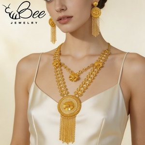 Collar Largo Personalizado Chapado en Oro Brasileño de 18K, Joyería Árabe para Novia, Aretes con Borlas, Conjuntos de Joyería para Bodas y Fiestas - Product Image 2