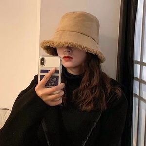 Lambswool Fisherman Hat Winter Warm Fleece Lining Unisex Bucket Hat Khaki Black White Caramel Wide Brim Cover Face - Product Image 1