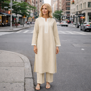 Ensemble deux pièces élégant pour <span class=keywords><strong>femme</strong></span> en <span class=keywords><strong>lin</strong></span> et coton <span class=keywords><strong>beige</strong></span>, avec col en V fendu, bordure en dentelle blanche et fente latérale, idéal pour le quotidien - Product Image 1