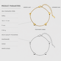 Bracelet Cœur en Acier Inoxydable 304 Couleur Or Poli Fait Main avec Chaîne d'Extension et Fermoir Mousqueton pour Femme Vente en Gros Cadeau