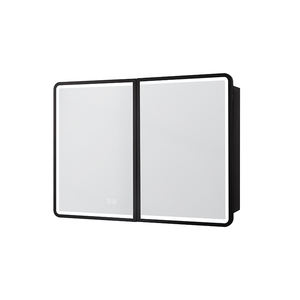 Armoire à pharmacie rectangulaire à double porte noire à montage en surface, avec cadre en métal, armoire de salle de bain arrondie avec miroir en acier - Product Image 5