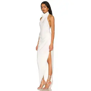 Backless Sleeveless White Slim Fit Sexy Wedding Halter High Slit Long Party Gown