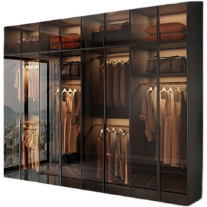 Armoire de chambre à coucher autoportante moderne en <span class=keywords><strong>bois</strong></span> ZD avec portes en verre, éclairage LED, armoire de rangement noire - Product Image 1
