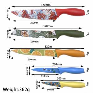 5-टुकड़ा रंगीन पैटर्न शेफ स्टार स्टेनलेस स्टील ब्लेड्स बेंडेक्स टिकाऊ कलात्मक डिजाइन एर्गोनोमिक हैंडल चाकू सेट - Product Image 6