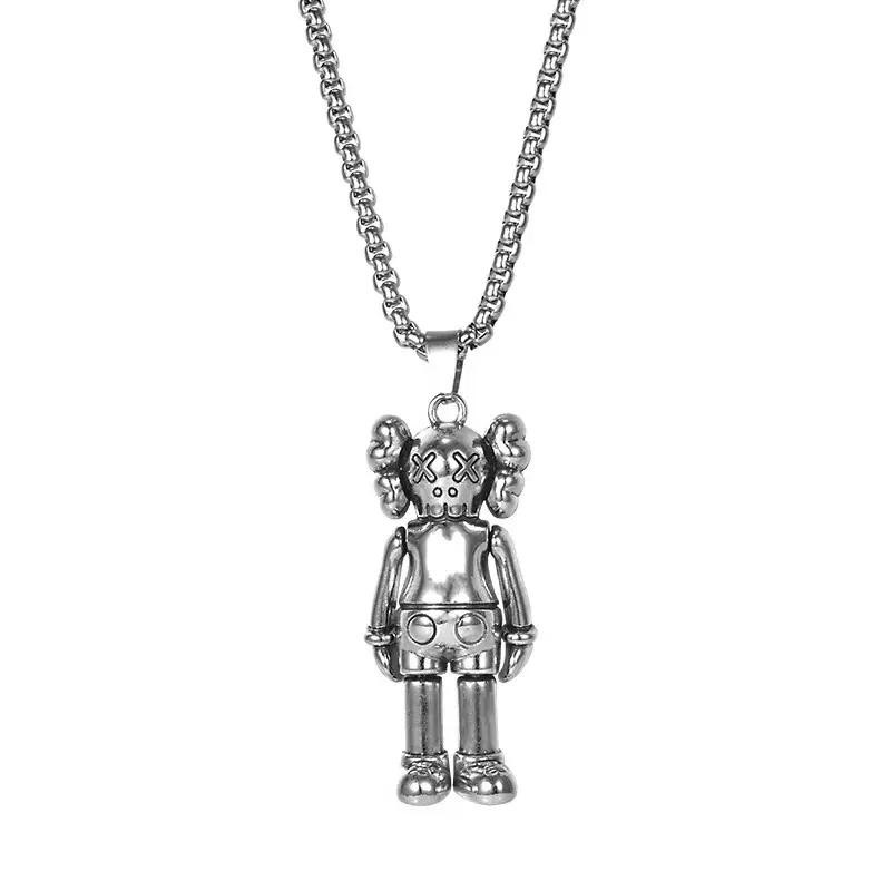 Kalung Hiphop Pria, Liontin Beruang Kartun Robot Lucu Kalung Rantai Stainless Steel