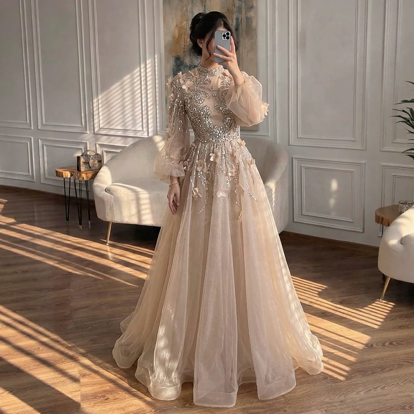 strapless open back dress Modest Saudi Arabia Prom Dresses Ankle Length Tulle Puffy Long Sleeves –  SELINADRESS main image 0