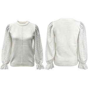 Maglione da Donna in <span class=keywords><strong>Maglia</strong></span> Patchwork con Ricamo Personalizzato, Maniche a Palloncino con Occhielli, Colore <span class=keywords><strong>Bianco</strong></span> Crema, Morbido <span class=keywords><strong>Pizzo</strong></span> e Maniche a Lanterna - Product Image 4