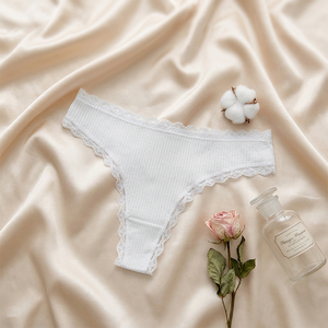 Tangas de Algodón Acanalado para Mujer al por Mayor con Ribete de Encaje, de Talle Bajo, Suaves y Elásticas, Ropa Interior Cómoda para Dama, Bragas Tipo Tanga - Product Image 1