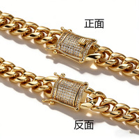 Chaîne et Bracelet Maille Cubaine 8-14mm en Acier Inoxydable Plaqué Or 18K avec Micro Zirconiums Cubiques et Fermoir Boîte – Bijoux Hip Hop Unisexe – Vente en Gros