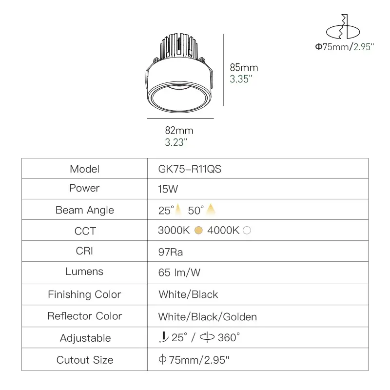 XRZLux ลูเมนสูง CRI97 COB LED โคมไฟเพดานดาวน์ไลท์ 15W สปอตไลท์รอบ Anti-glare ETL LED ดาวน์ไลท์ AC100V-120V