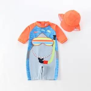 Cartoon Design Baby Boys Kids Short Sleeve Swimsuit One Piece Toddlers Zipper Bathing Suit Swimwear with Hat UPF 50+