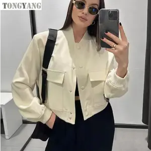 TONGYANG Women Fashion With Pockets Bomber Jacket Coats Vintage Long Sleeve Front Button Casual Female Outerwear Chic Tops