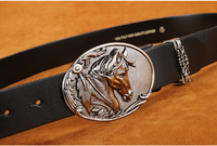Ceinture de tête de cheval en alliage de zinc pour hommes, ceinturon en cuir véritable, avec boucle, logo vintage occidental, 3.8cm de largeur, vente en gros