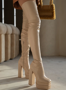 Bottes d'hiver tendance pour femmes, confortables, noires, au-dessus du genou, en cuir verni PU, talons hauts, fermeture éclair, plateforme, taille 43 - Product Image 3