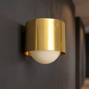 Modern Brass Wall Sconce with Frosted Glass Diffuser Polished Metal Finish Decorative Lighting Fixture - Product Image 1