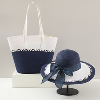 Conjunto de Sombrero de Paja Panamá Azul y Blanco de Ala Ancha para Mujer y Bolso Tote, 2 Piezas, Rayado, Casual, para Viajes y Ciclismo