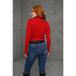 Suéter de Punto con Cuello Alto y Detalle Acanalado Rojo para Mujer, Marca Lustrin - Venta al Por Mayor, Talla Estándar, Poliéster y Elastano - Product Image 5