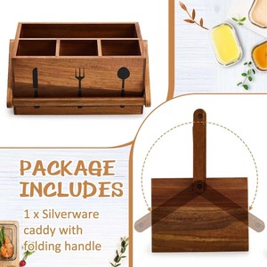 Wooden Silverware <b>Caddy</b> With Folding Handle Square Shape Standing Type For <b>Kitchen</b> Storage - Product Image 1