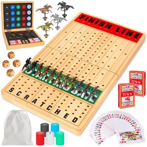 Jeu de course de chevaux en bois pliable, en bois naturel, portable, pour 2 joueurs, avec dés, cartes, jetons et pions - Product Image 1