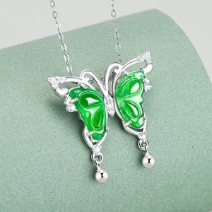 Authentic natural jadeite green butterfly pendant in icy-grade <b>jade</b>. S925 silver set with a women's style <b>ring</b> earring - Product Image 2