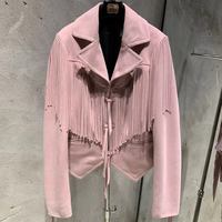 Veste courte en daim véritable à franges, style western cowboy, à nouer devant, en cuir véritable de mouton, avec pompons
