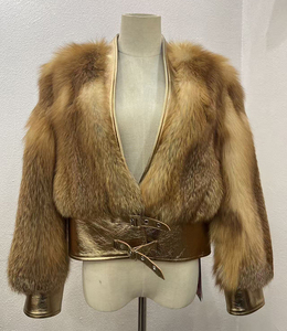 Lussuoso Cappotto in Vera Pelle con Pelliccia di <span class=keywords><strong>Volpe</strong></span> Rossa Ispessita per Donna, Personalizzabile in Taglie Grandi con Colletto in Vera Pelle - Product Image 2