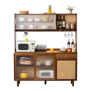 Japanese Style <b>Sideboard</b> Walnut Color Fluted Glass Cabinet Kitchen <b>Storage</b> Tall Cabinet For Home Use - Product Image 5