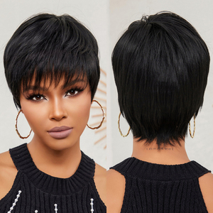 HAOLING <span class=keywords><strong>Perruque</strong></span> Noire Courte Bob Synthétique Naturelle Coupe Pixie pour <span class=keywords><strong>Femme</strong></span> Utilisation Quotidienne Fête Fibre Résistante à la Chaleur - Product Image 1