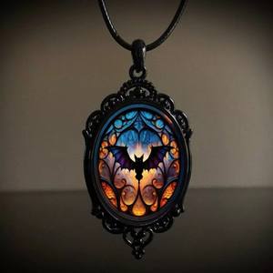 Collar con colgante gótico Vintage al por mayor, marco de Metal negro con collar de escena de luz de luna naranja - Product Image 2