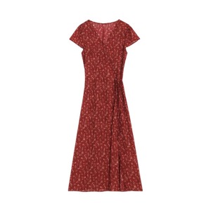 French Retro Red Floral Dress Women Summer V <b>Neck</b> <b>Tie</b> Waist Slim Fit Long Skirt Casual Daily Wear - Product Image 5