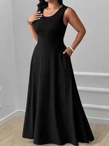 <span class=keywords><strong>Abito</strong></span> Lungo <span class=keywords><strong>Estivo</strong></span> 2026 Nuovo Arrivo Casual Elegante Monocromatico <span class=keywords><strong>Taglie</strong></span> <span class=keywords><strong>Forti</strong></span> da Donna con Scollo a O, Allacciatura Posteriore e Tasche Laterali - Product Image 1