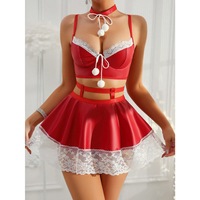 Ensemble de lingerie en polyester et spandex aspect satiné rouge pour femmes, avec dentelle, camisole, haut court, mini-jupe, tenue en deux pièces, costume sexy