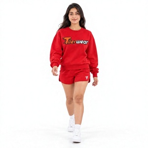 Tiierwear <b>Women's</b> <b>Red</b> Fleece 2-Piece Sweatshirt <b>Shorts</b> Set Crew Neck Regular Fit Casual Solid 100% Cotton Quick Dry Eco-Friendly - Product Image 1