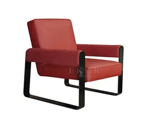 Diseño nórdico, base de acero inoxidable, cuero rojo, sala de estar, sofá informal, silla, sillón informal