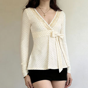 Women Polka Dot Lace <b>Patchwork</b> V Neck Long Sleeve T Shirt Tie Front A Line Knit <b>Top</b> Casual Fashion Tee - Product Image 3