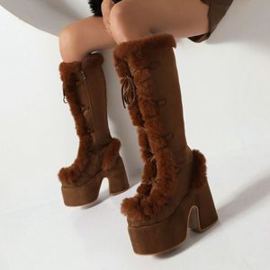 Large Size Fuzzy Botas Dama Women Knee High Platform Chunky Heel Winter Calf Wide Faux Fur <b>Boots</b> for Women - Product Image 4