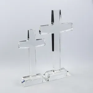 Pujiang Wholesale K9 Crystal Glass Cross Custom Clear Crystal Cross Religious Awards With Stand For Souvenir Gift