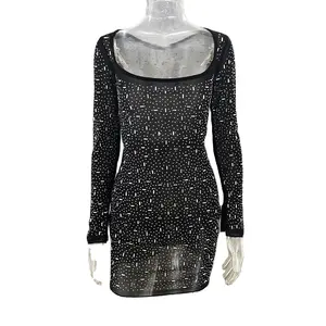 2024 High quality Spring New Sexy Women Luxury Crystal Mirror Beaded Dress O Neck Long Sleeve Knee Length Women Casual Dresses