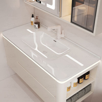 Ensemble de meuble-lavabo mural moderne blanc crème avec vasque en céramique intégrée et armoire miroir LED intelligente